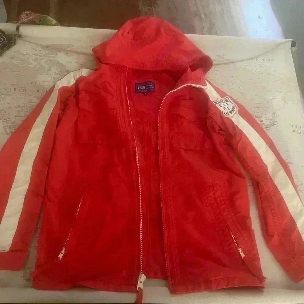Jeanious Y2K Vintage Hooded Jacket Size Medium Dark Orange Racing Stripe Patched